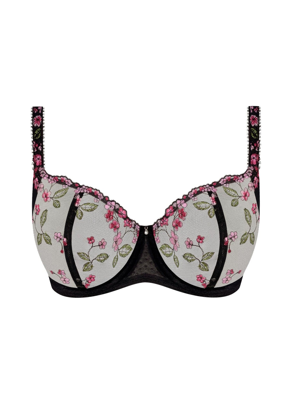 Eliyse balconette bra with pink blossom floral pattern green leaves on light gray mesh accented by black lace trim edges