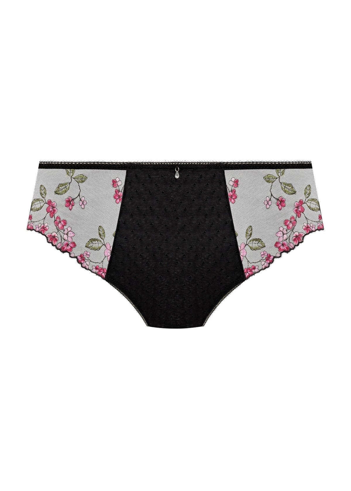 Eliyse brief black and light gray floral lace briefs with pink blossoms green leaves and scalloped edges