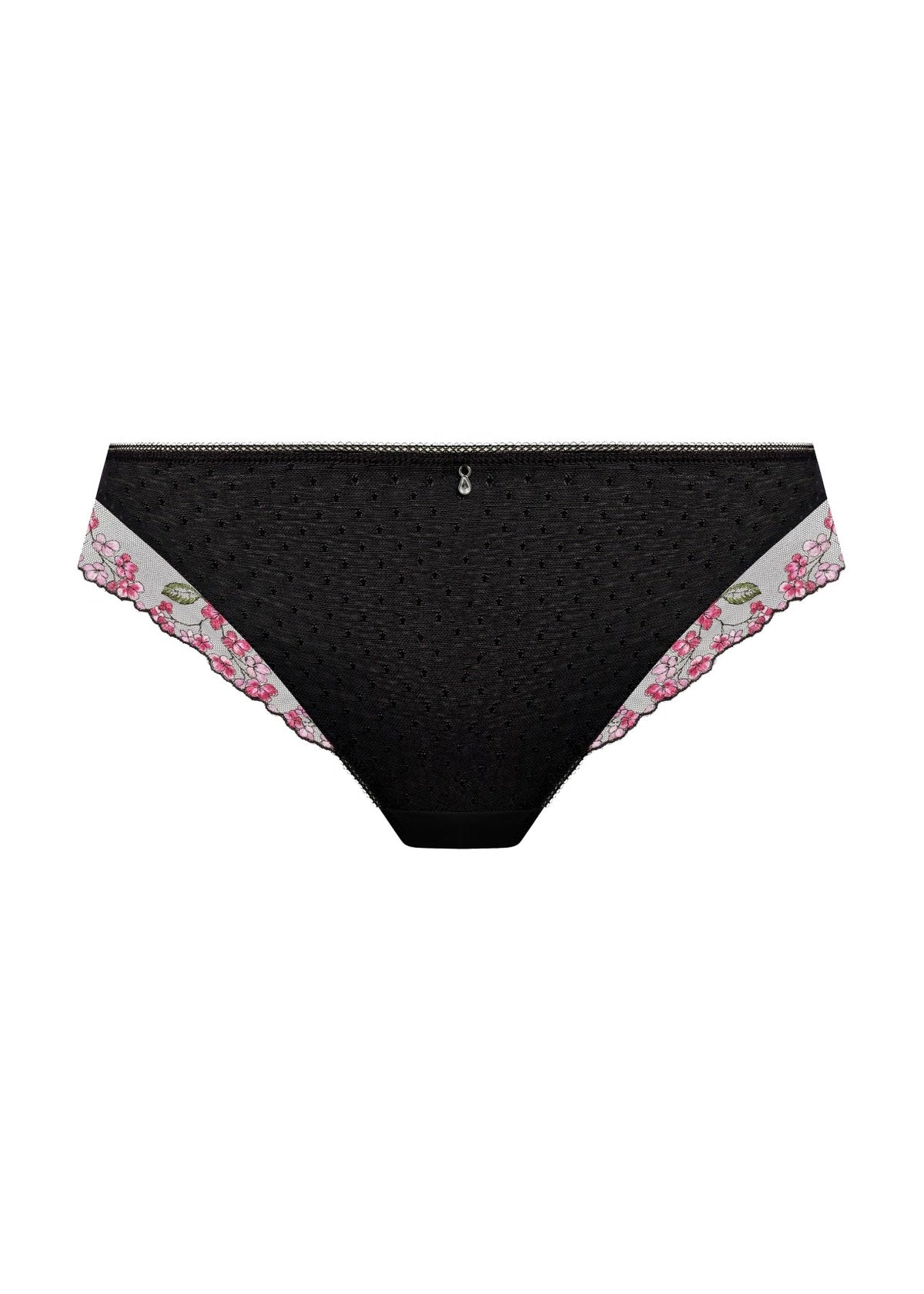 Eliyse thong black lace-trimmed briefs with pink floral embroidery and subtle dotted texture front view