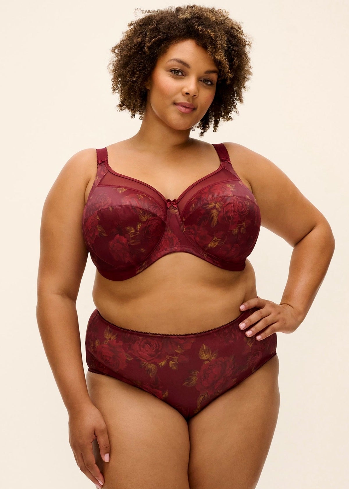 Maroon floral lace bra and matching high-waisted Kayla brief set made from delicate lace fabric