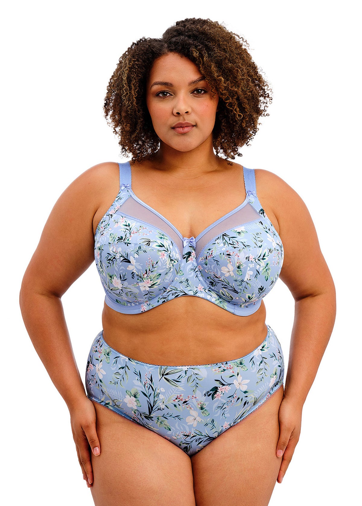 Light blue floral Kayla Brief bra and high-waisted panties set