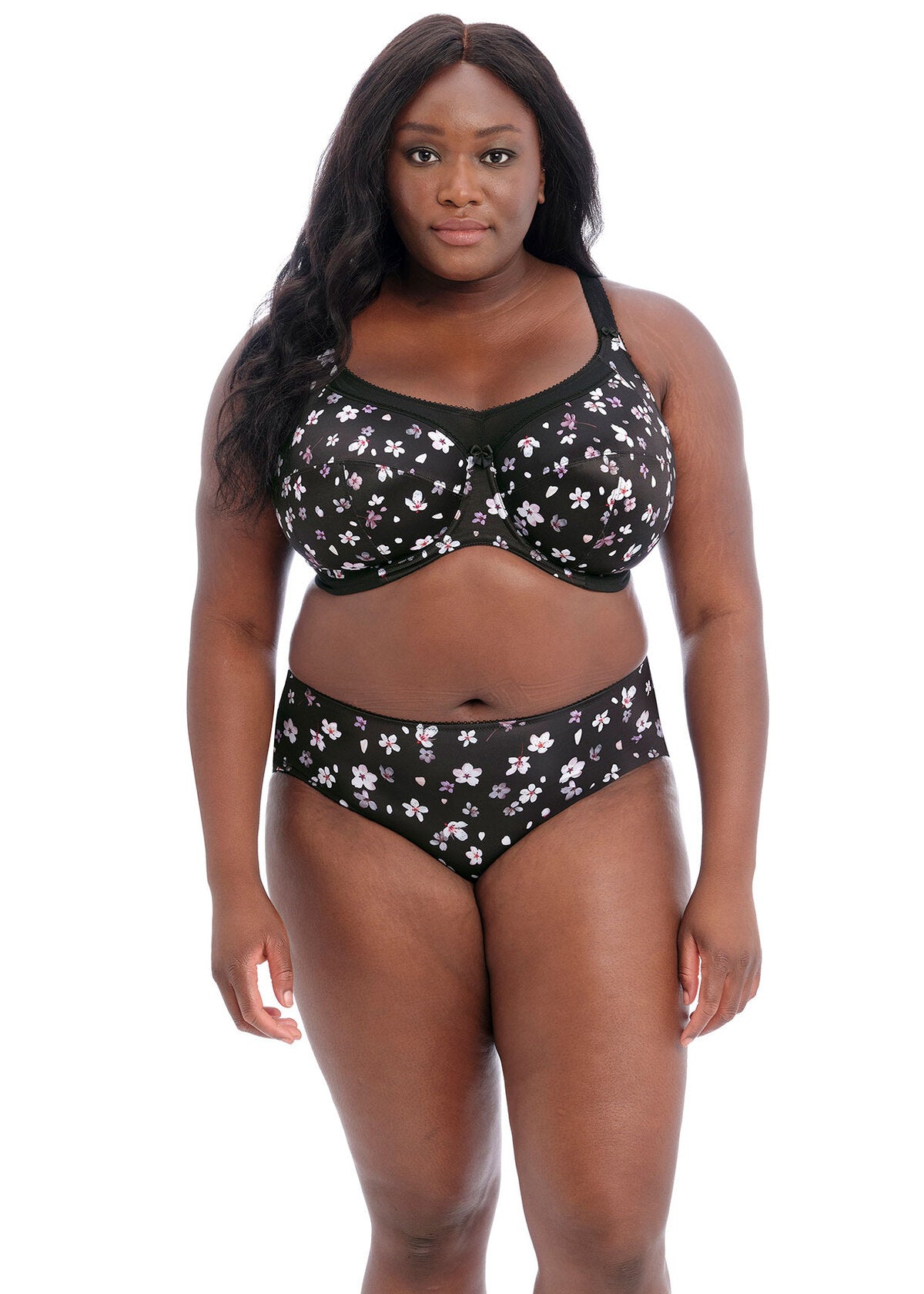 Black floral patterned plus-size Kayla Brief bra and panties set