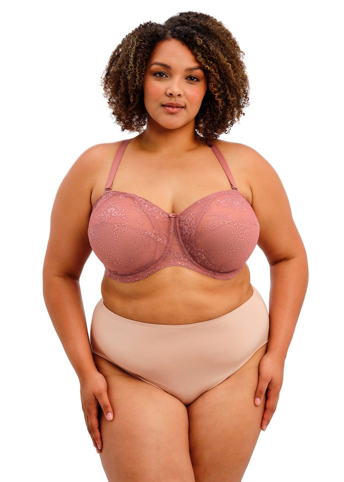 Verity strapless bra in pink lace with thin straps and floral pattern