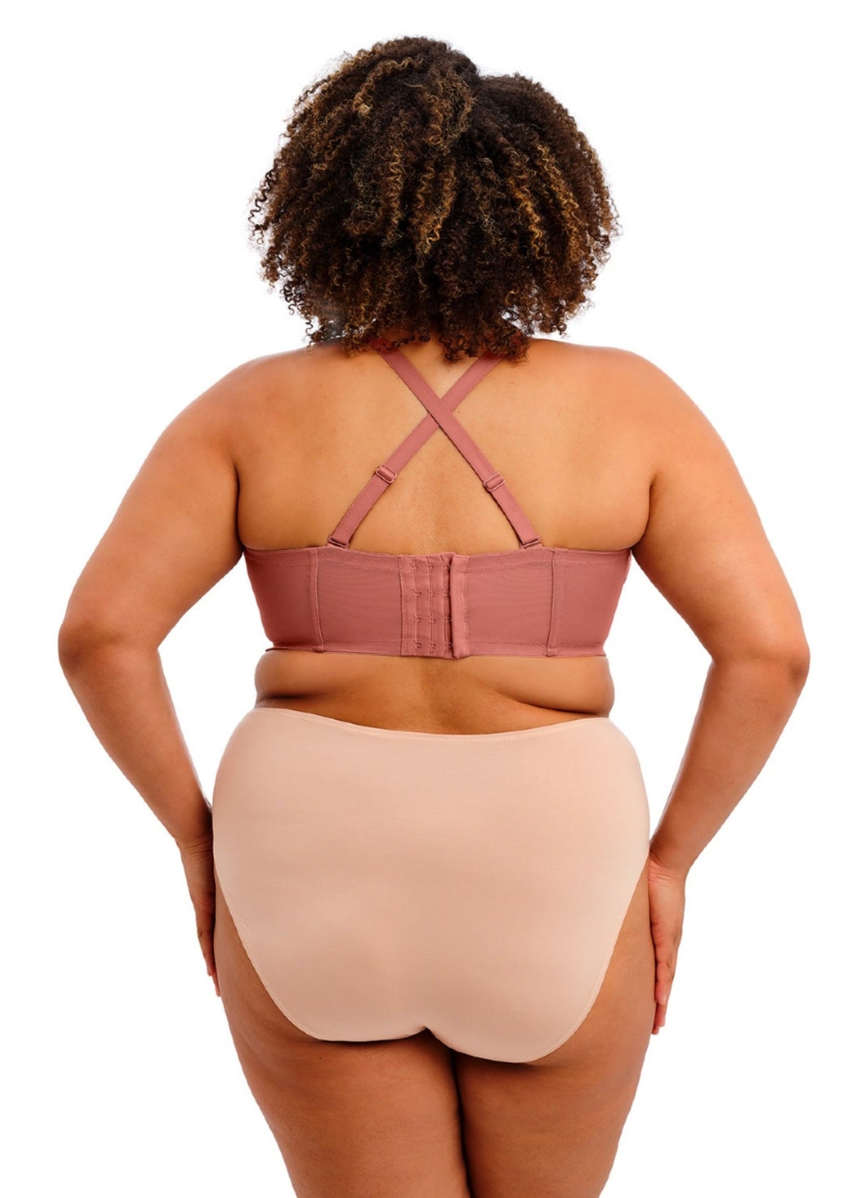 Back view of Verity Strapless Bra in mauve with crisscross straps and beige panties