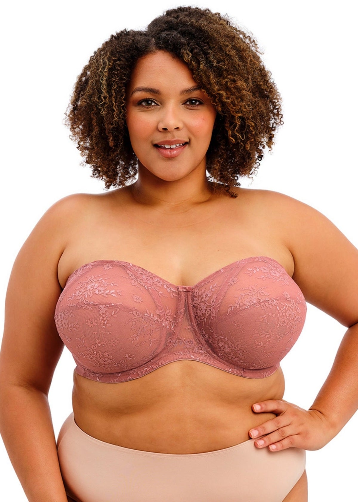 Verity Strapless Bra in pink lace with floral embroidery