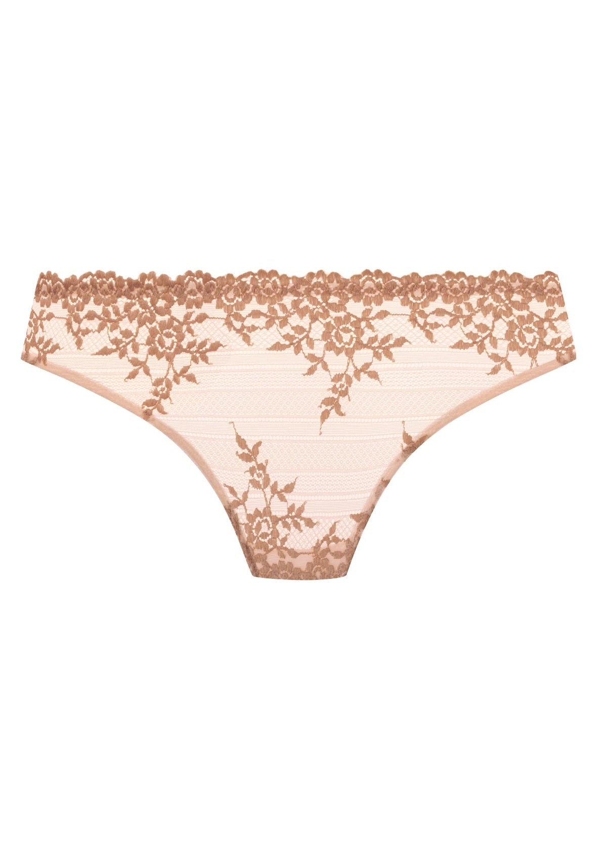 Delicate blush pink lace-trimmed thong with floral embroidery in Embrace Lace Bikini Brief