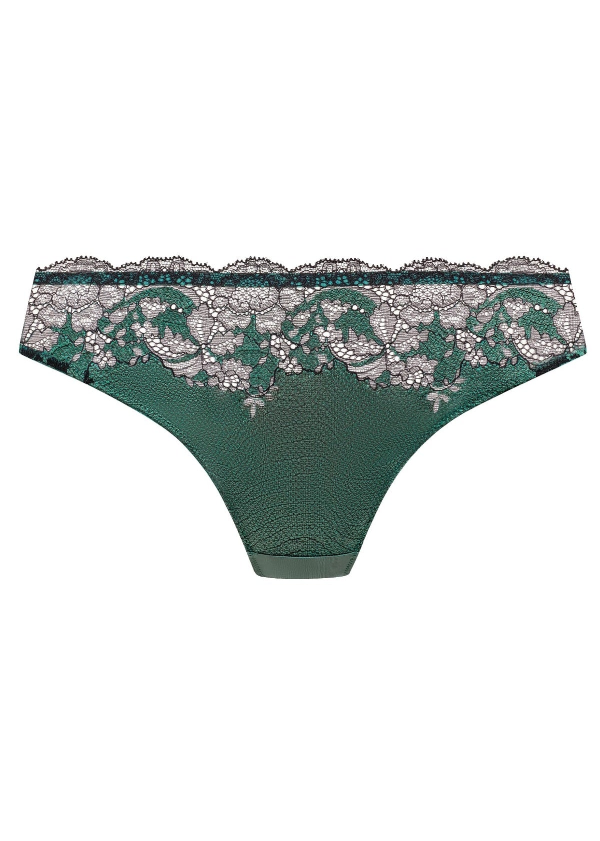 Modern Affair bikini brief emerald green lace-trimmed thong with delicate floral embroidery front view
