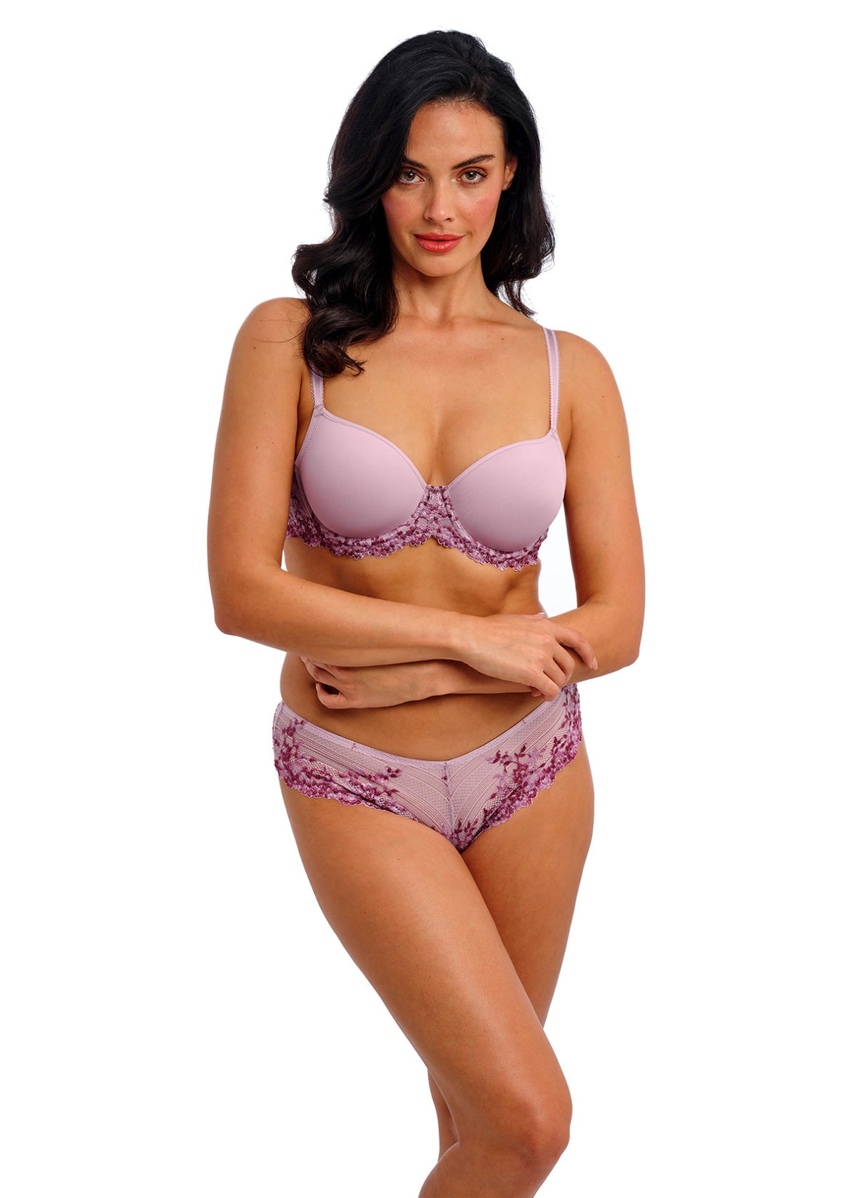 Soft lavender Embrace Lace Tanga lingerie set with floral lace trim