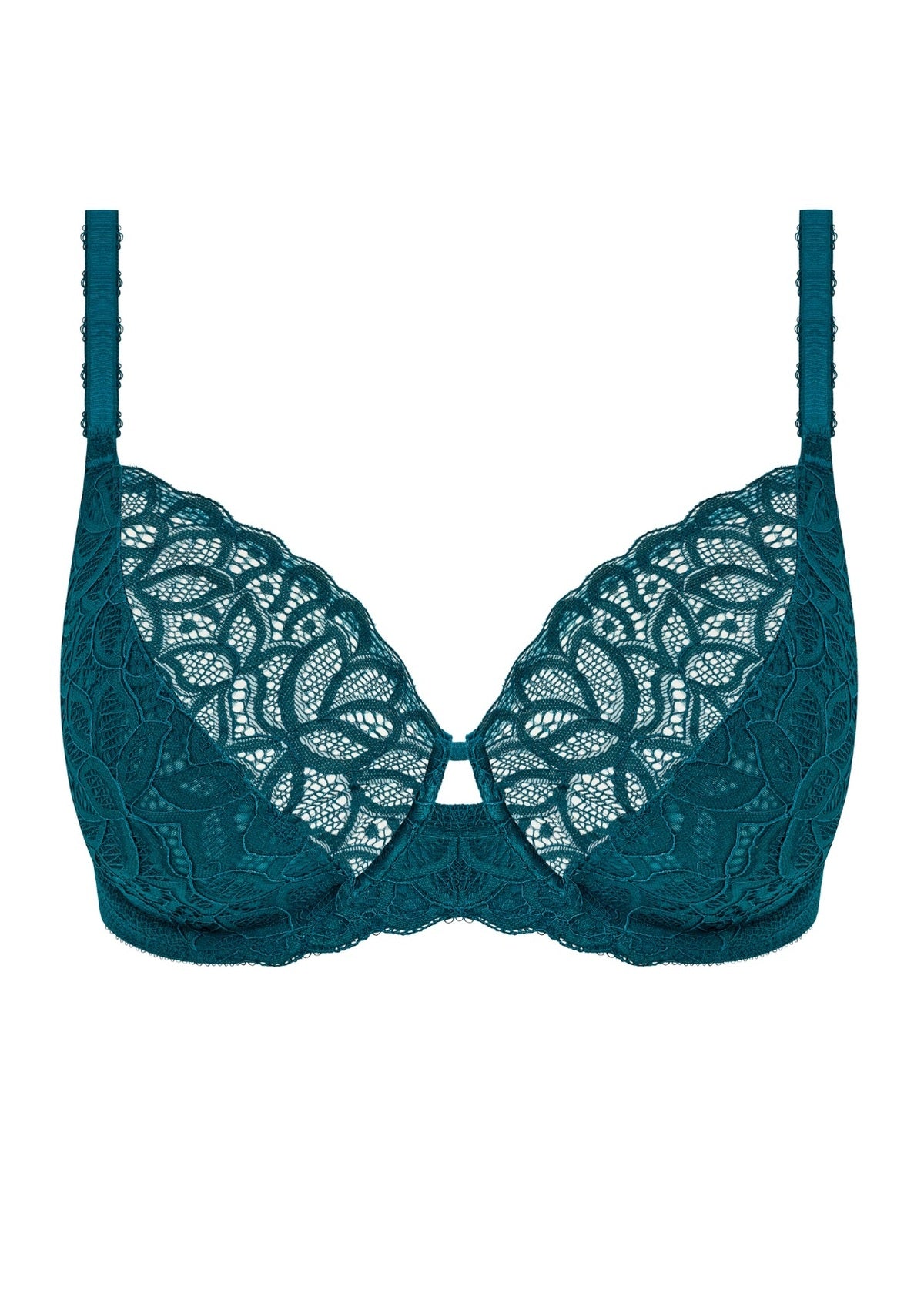 Raffine teal lace bra with intricate floral patterns and thin straps