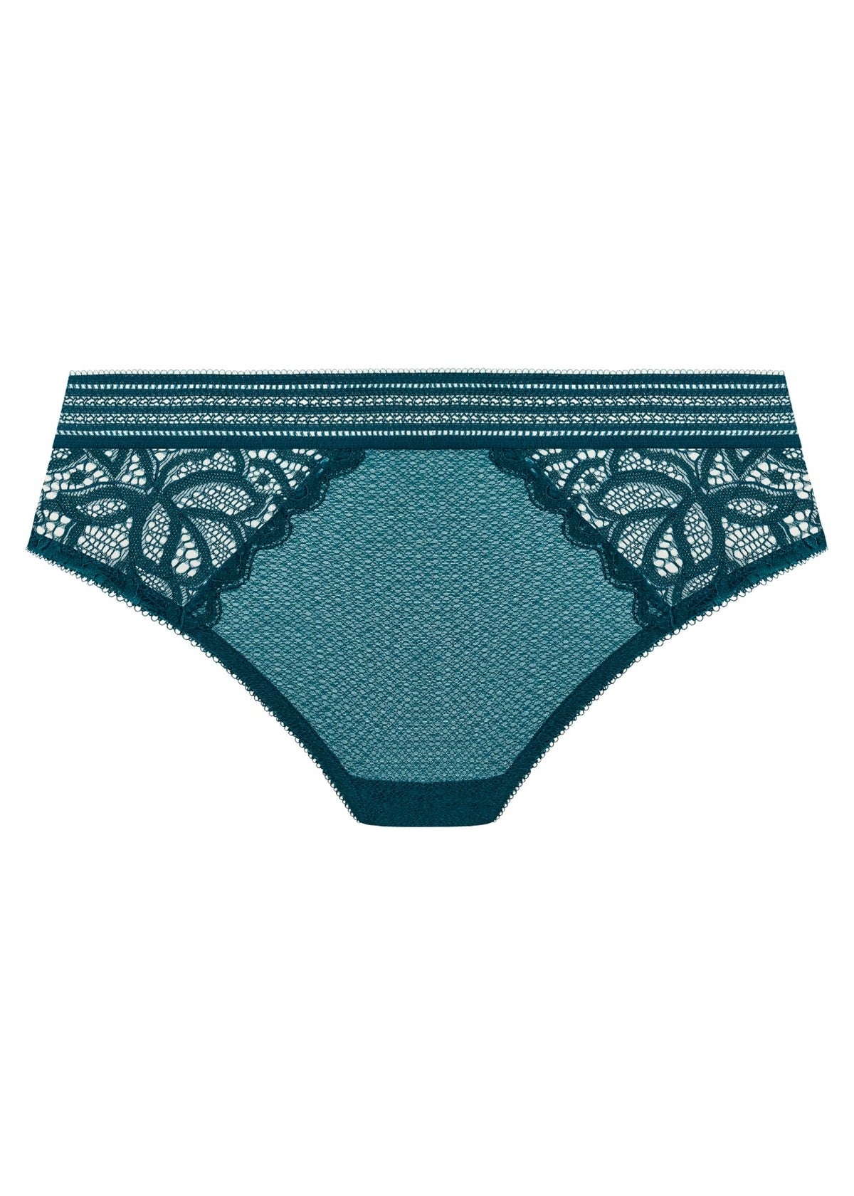 Raffine brief: teal lace-trimmed mesh briefs with patterned waistband