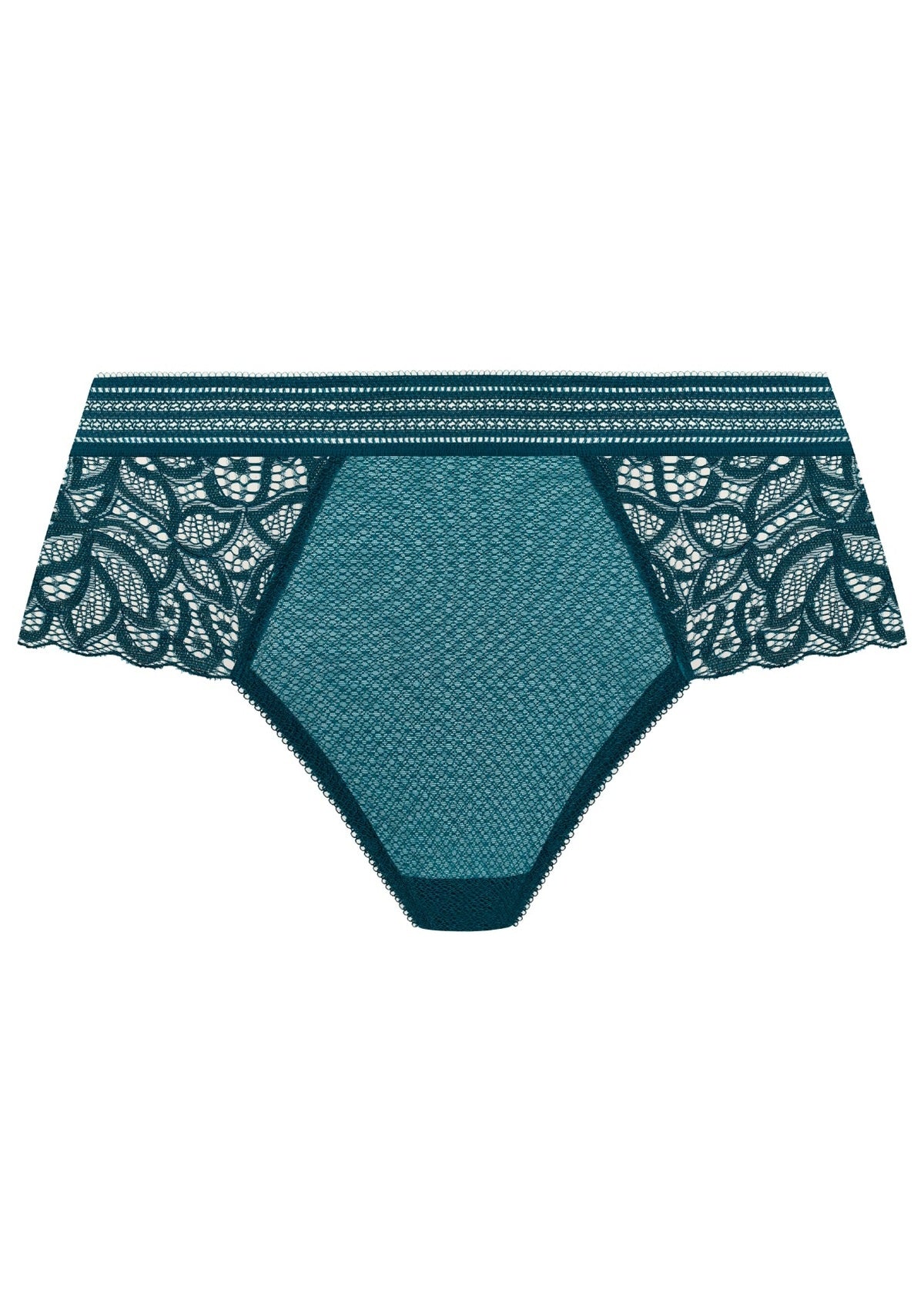 Teal raffine tanga briefs with lace trim, textured mesh center, and delicate floral patterns for elegant wear