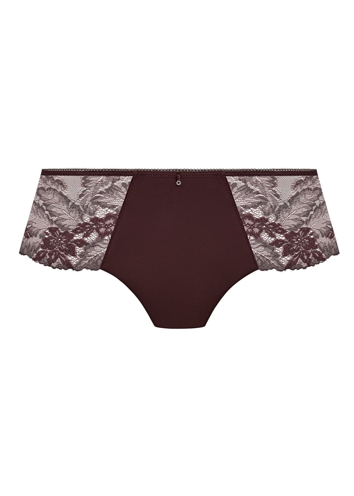 Dark burgundy high waisted briefs with intricate gray floral lace trim on the sides from most divine short collection