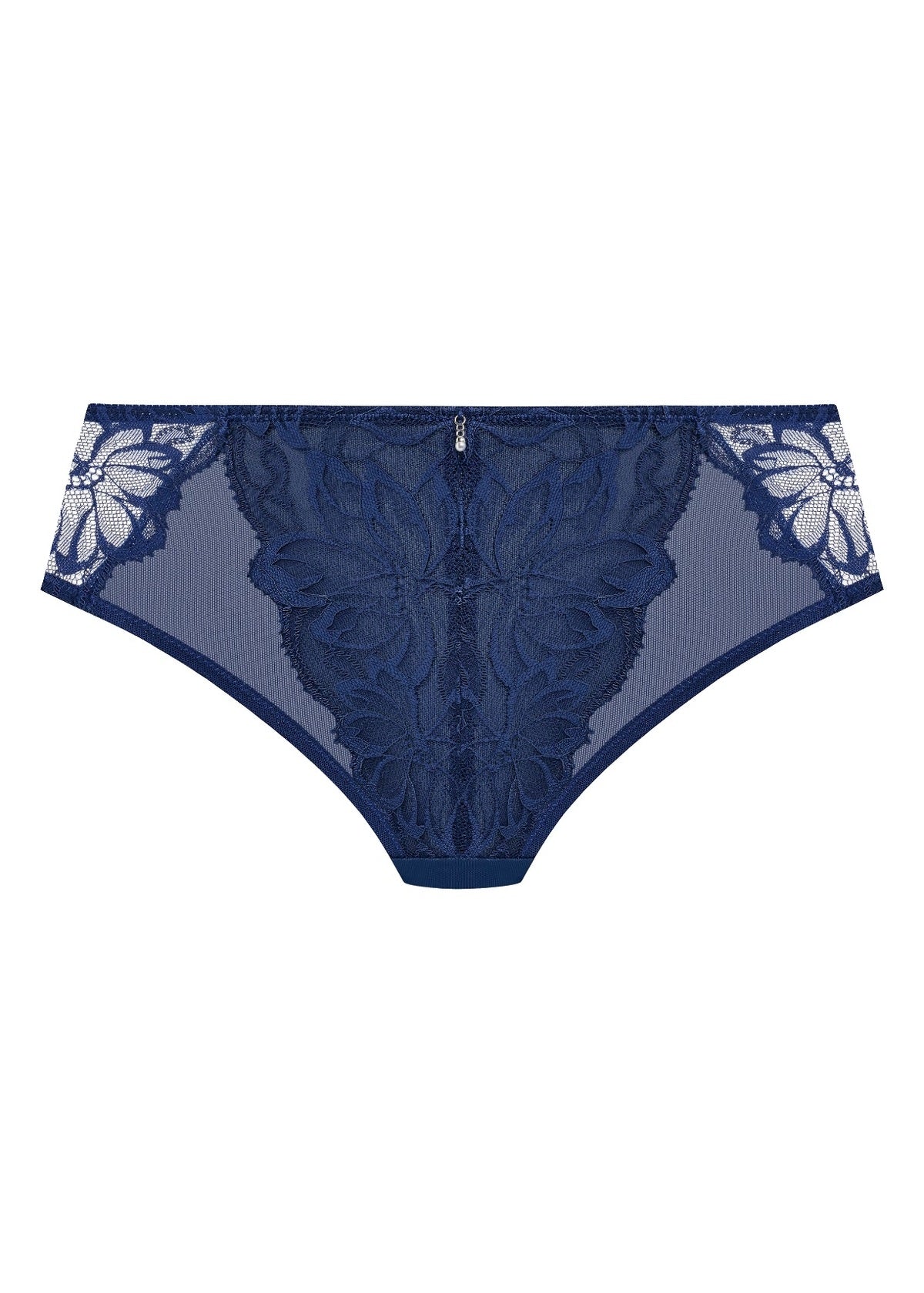 Deep navy lace abellia brief bikini with intricate floral patterns and a central zipper for stylish comfort