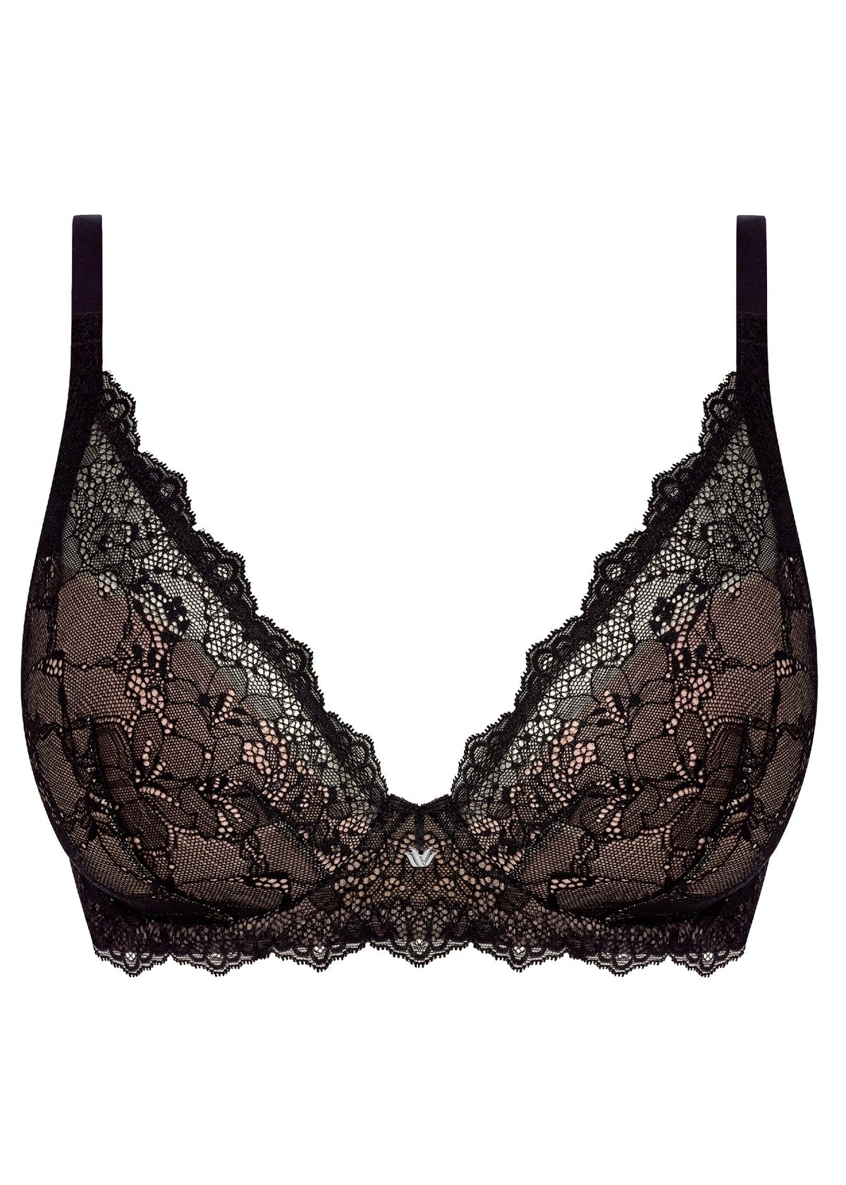 Black lace essence plunge bra with intricate floral patterns and delicate scalloped edges for elegant support
