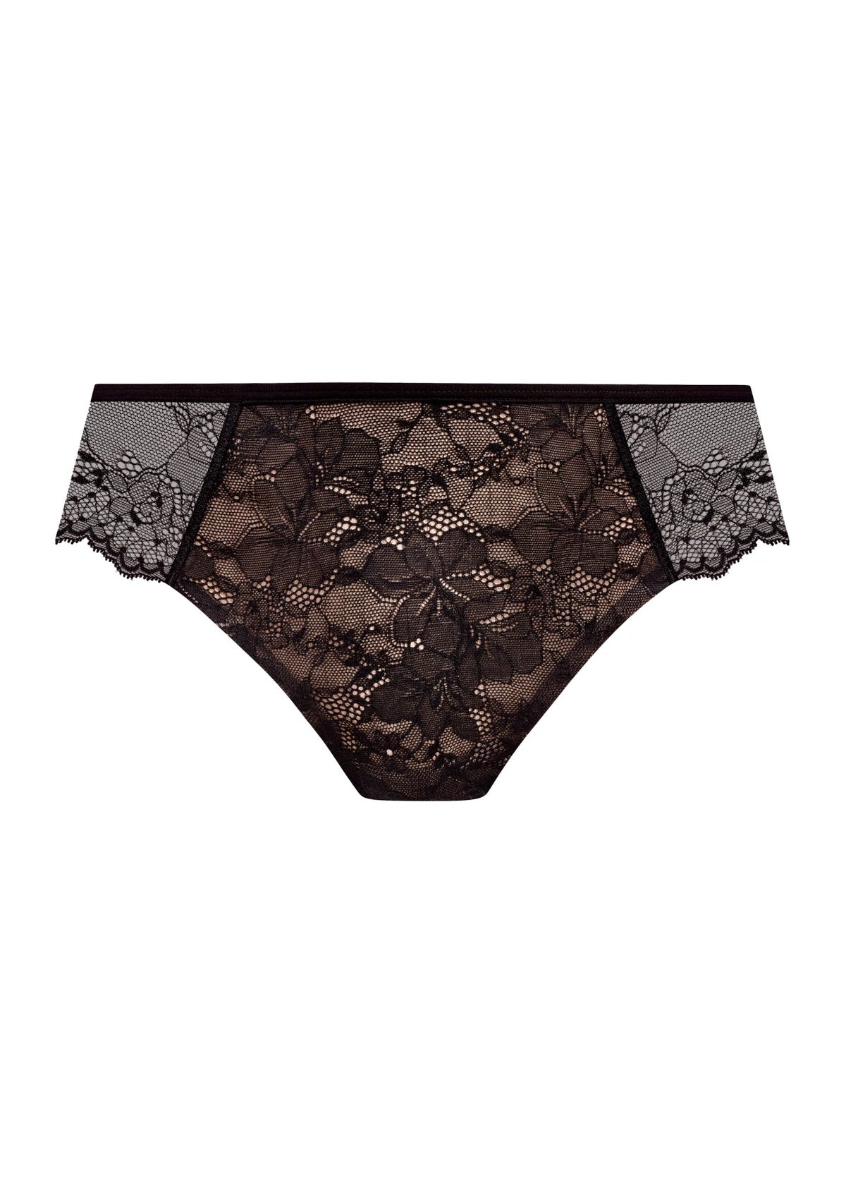 Black floral lace briefs essence brief with sheer intricate pattern and solid black waistband visible from front side
