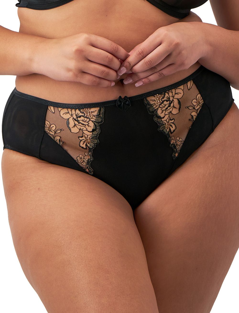 Teagan high leg brief with black lace trim, sheer floral panels, bow