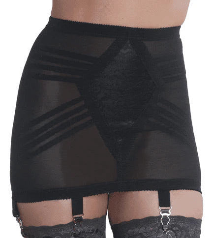 Black sheer garter belt with lace trim and silver clasps on firm shaping girdle
