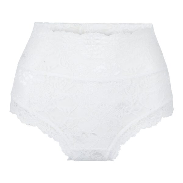 White lace daily high waist brief panties with scalloped edges and delicate floral patterns