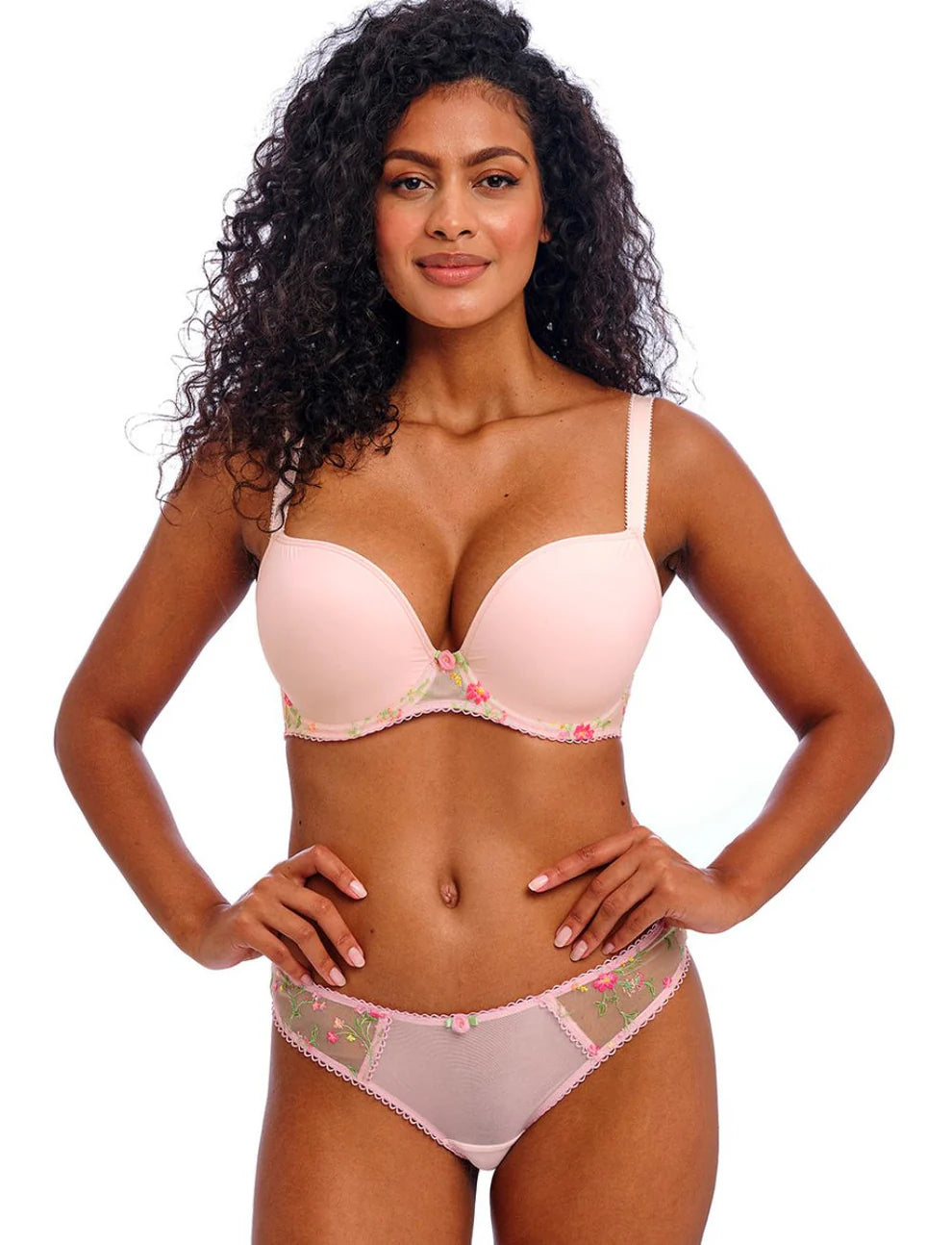 Pink floral-embroidered Love Crush Moulded Plunge push-up bra with lace panties