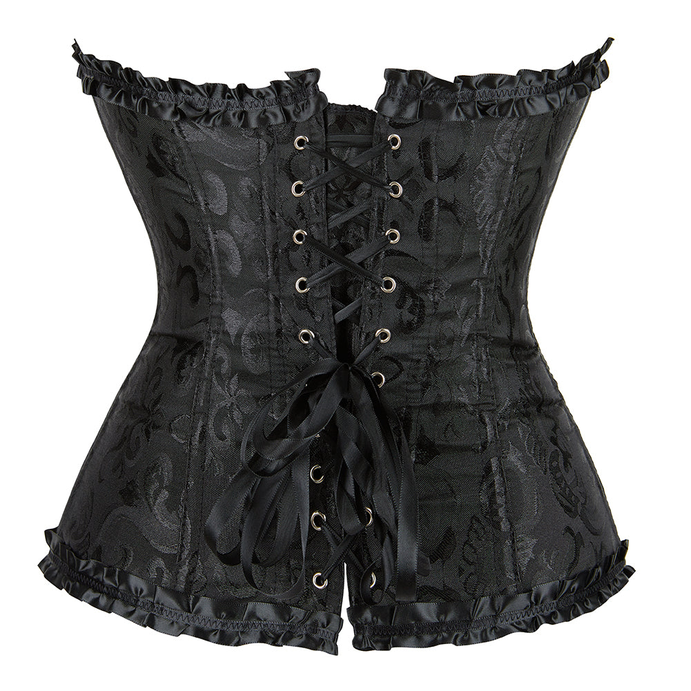 Victorian corset black with intricate floral embroidery and satin ruffled trim for elegant styling