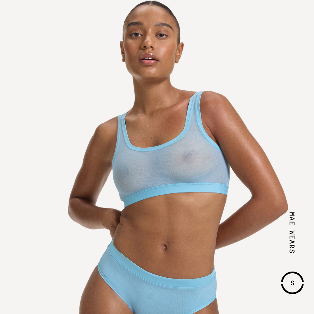 Light blue sheer mesh Everybody Scoop Crop sports bra with matching briefs