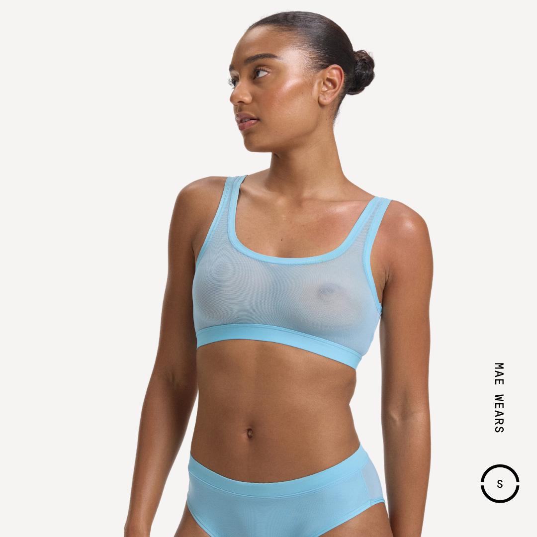 Light blue sheer mesh Everybody Scoop Crop sports bra with matching briefs