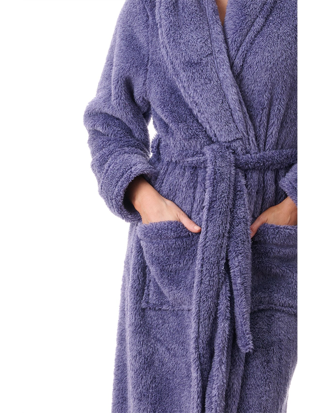 A plush lavender givoni wrap gown made of soft fleece with a textured surface and matching belt