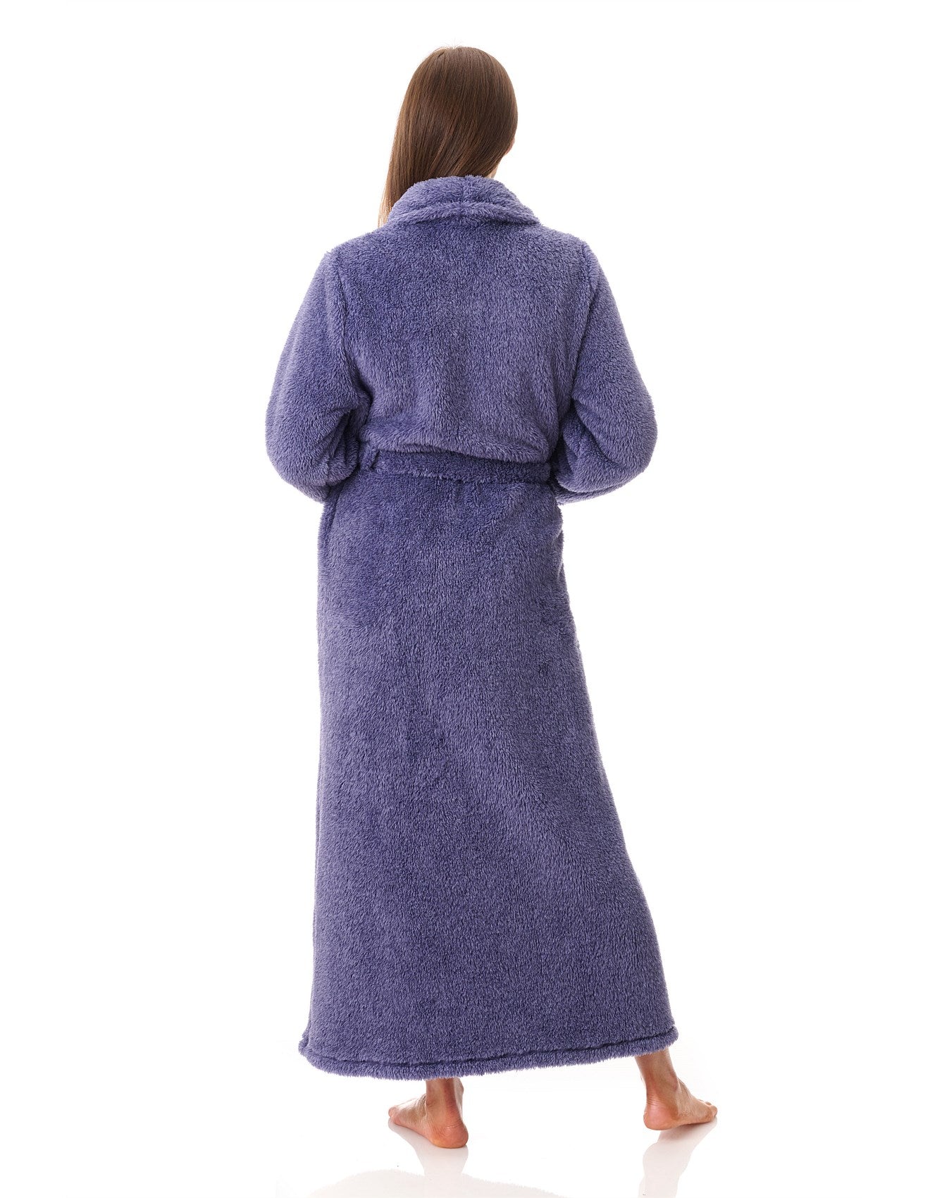 A plush deep purple givoni wrap gown featuring soft textured fleece material and a cozy collar for comfort