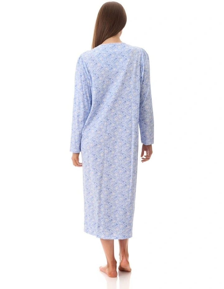 Katie mid nightie light blue floral-patterned long-sleeved cotton nightgown for comfortable sleepwear