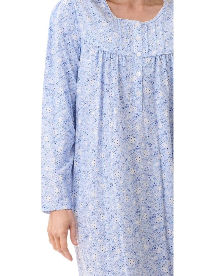 Light blue floral print katie mid nightie with long sleeves and button front design for comfortable sleepwear