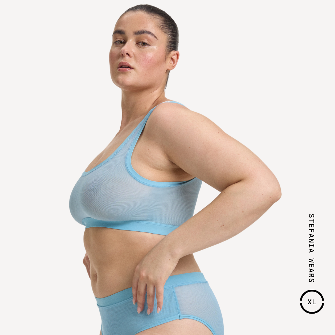 Light blue sheer mesh Everybody Scoop Crop sports bra and briefs set by Stefania
