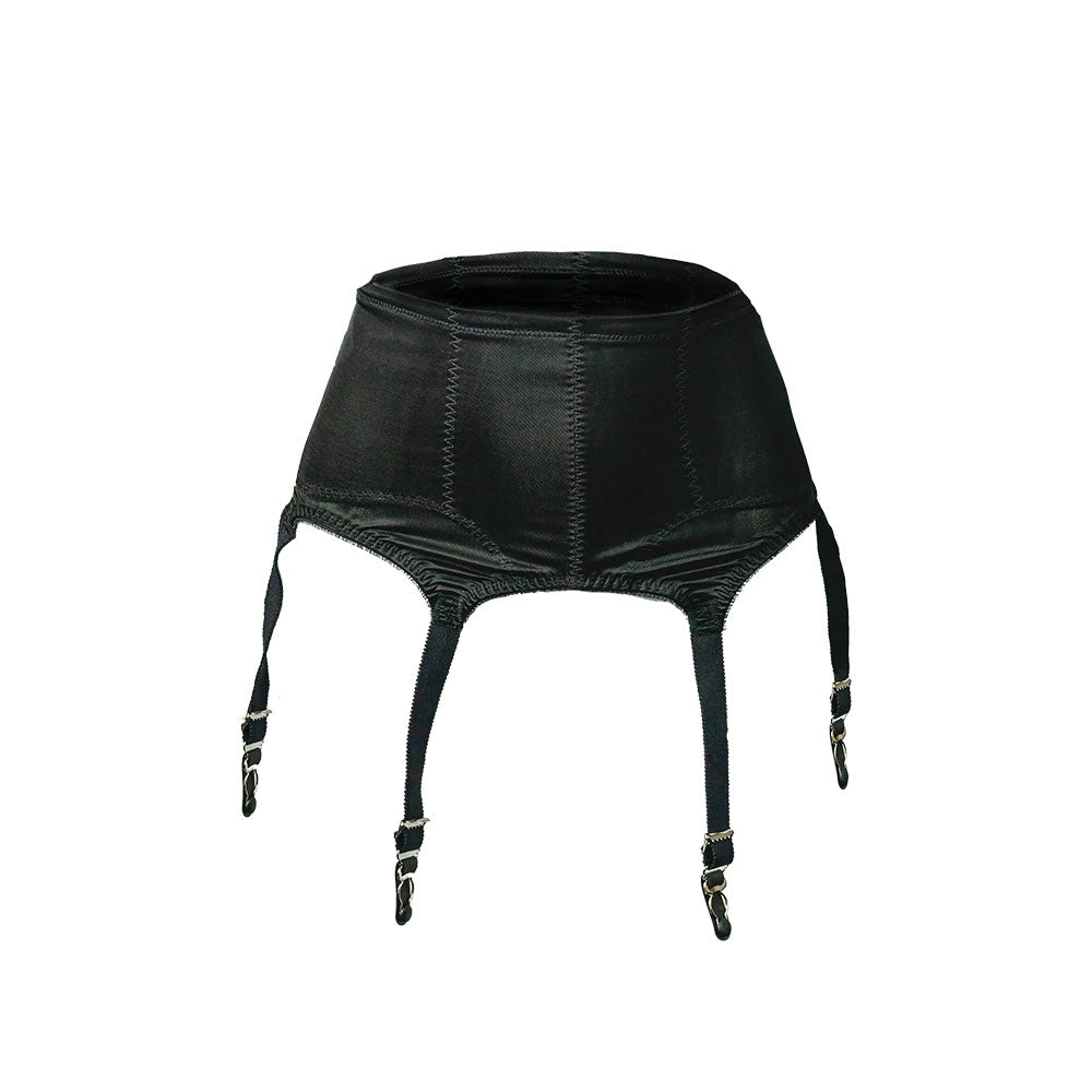 Soft shaping six strap garter belt in black satin with four adjustable straps and metal clasps for shaping and support