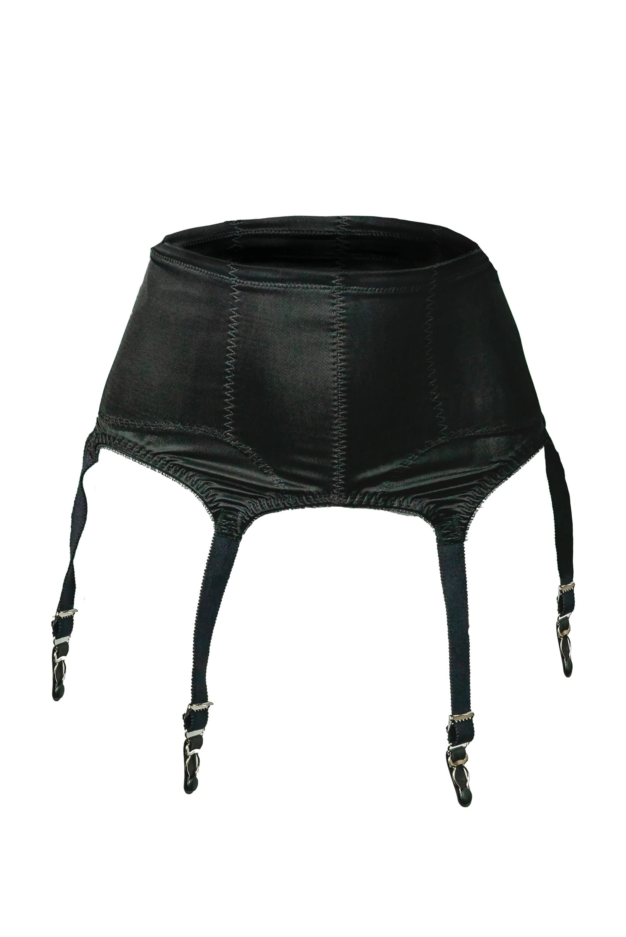 Black faux leather six-strap garter belt with silver metal clasps