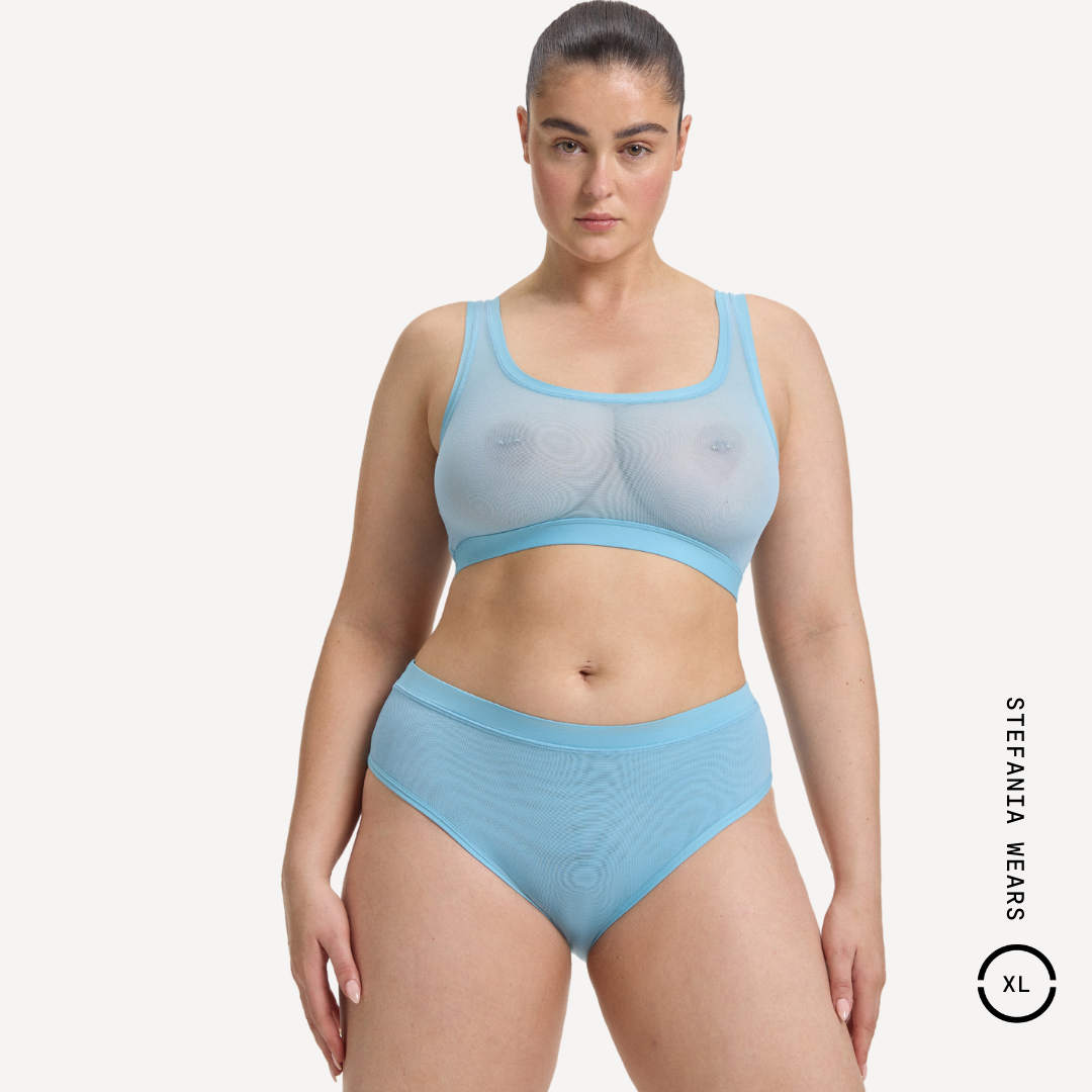 Light blue sheer mesh Everybody Tuck Brief bra and high-waisted briefs