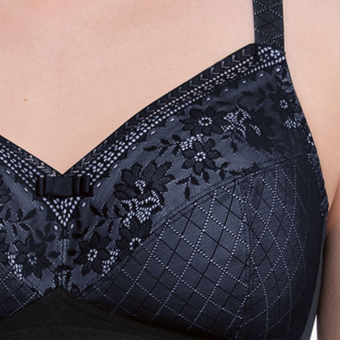 Black lace bra rosemary with floral patterns and subtle grid texture in elegant black lace material