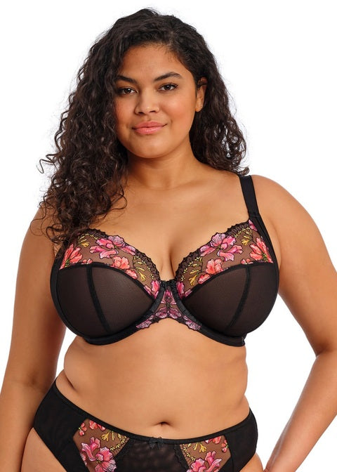 Teagan underwire plunge bra in black lace with pink gold floral embroidery
