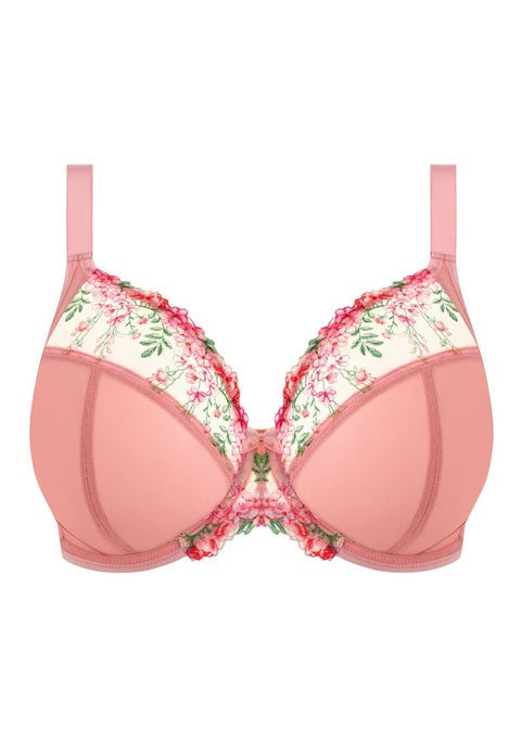 Aerith Rose Uw Plunge Bra in pink floral lace with rose embroidery