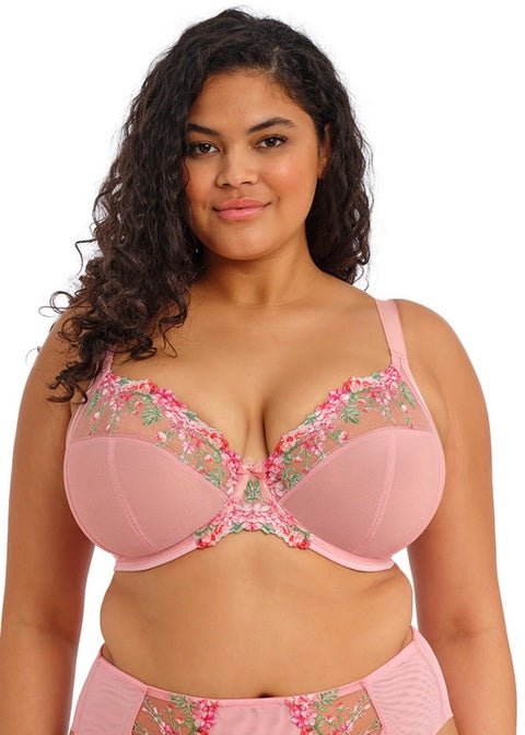 Aerith Rose UW Plunge Bra: pink floral underwire with sheer mesh straps