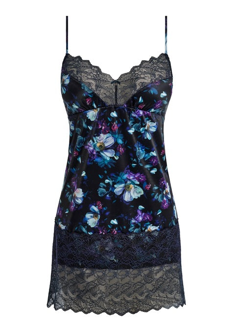 Lucia Chemise: navy satin camisole dress with purple floral pattern, black lace trim