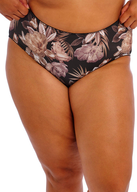 Kayla Brief black high-waisted bikini bottoms in floral mauve beige pattern