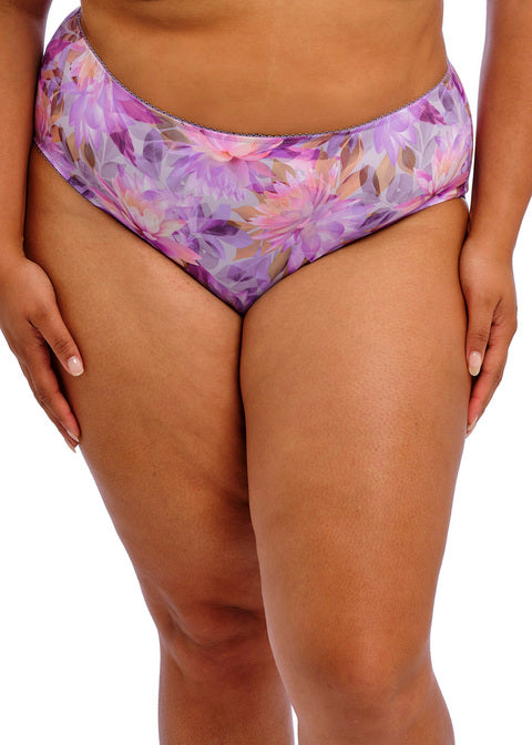 Purple floral Kayla Brief high-waisted bikini bottom in sheer stretchy fabric