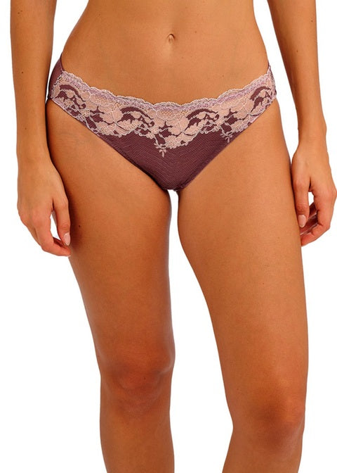 Modern Affair Bikini Brief: purple lace-trimmed thong with floral sheer mesh