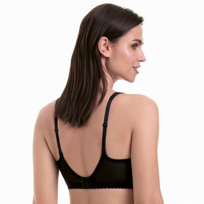 Black lace-trimmed Sita soft bra with adjustable straps and seamless supportive design in black color