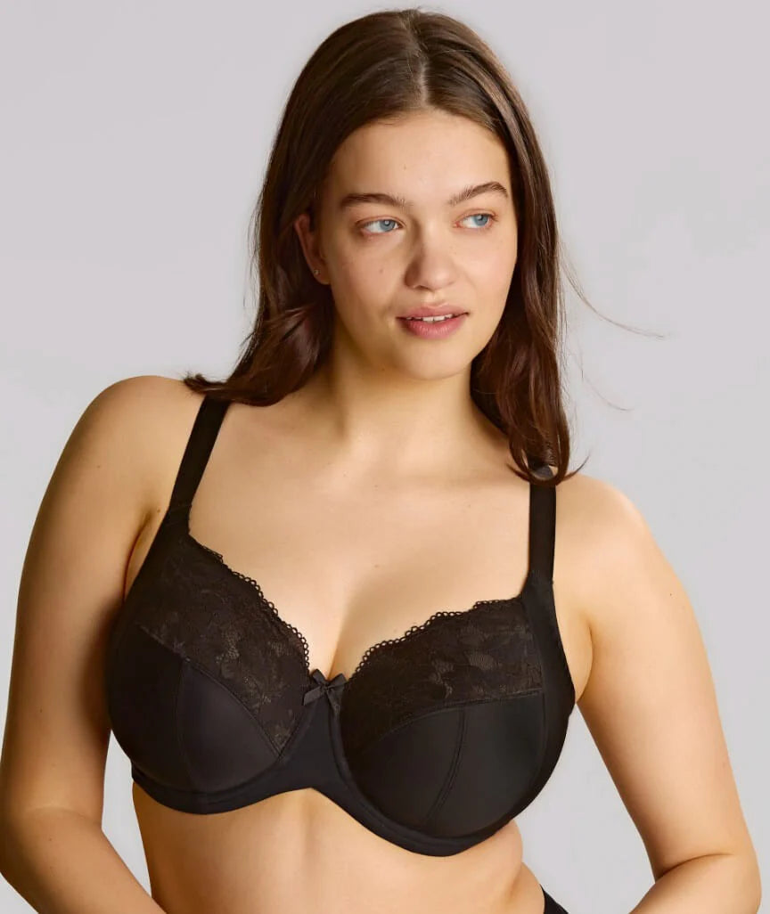Black lace-trimmed underwire bra with adjustable straps amara full cup design for full support and comfort