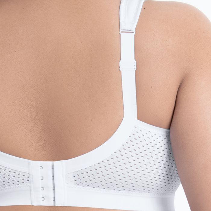 White breathable mesh bra momentum with adjustable straps and central hook and eye closure for comfort and support