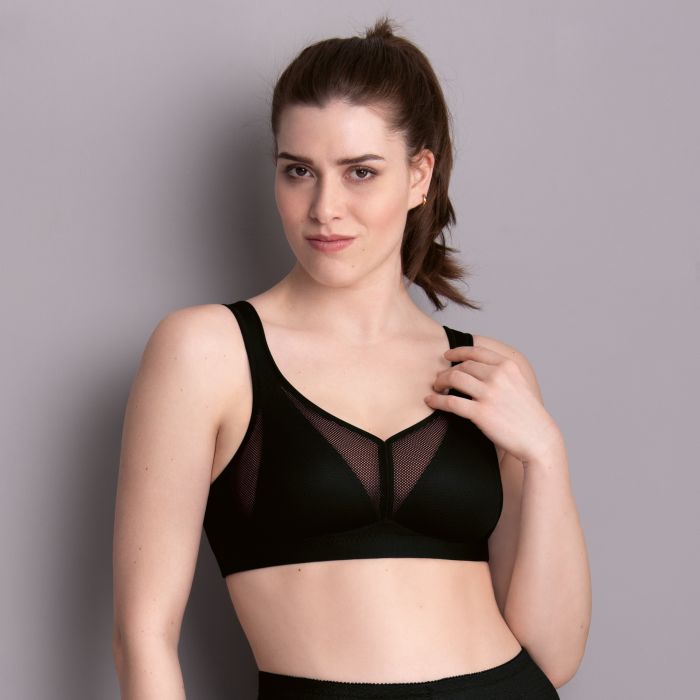 Black Air Control Sports Bra with wireless design and mesh panel detailing