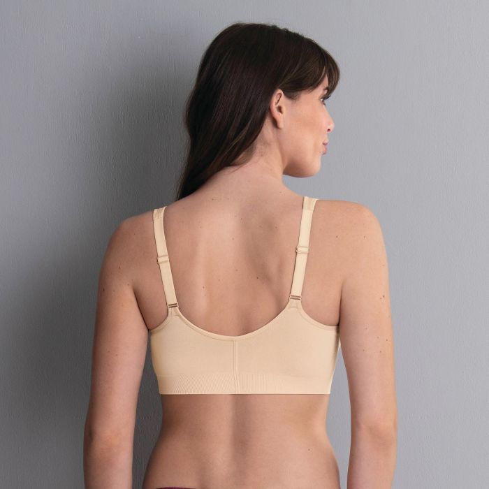 Beige lynn zip front bra back with thin adjustable straps and smooth stretchy fabric for comfortable support