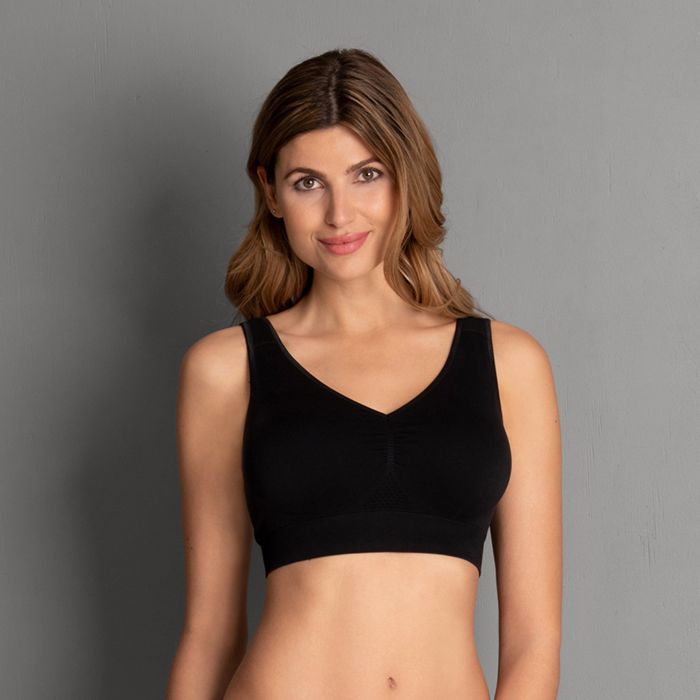Black seamless underwire lotta post mastectomy bra with v-neckline and adjustable straps for comfortable support