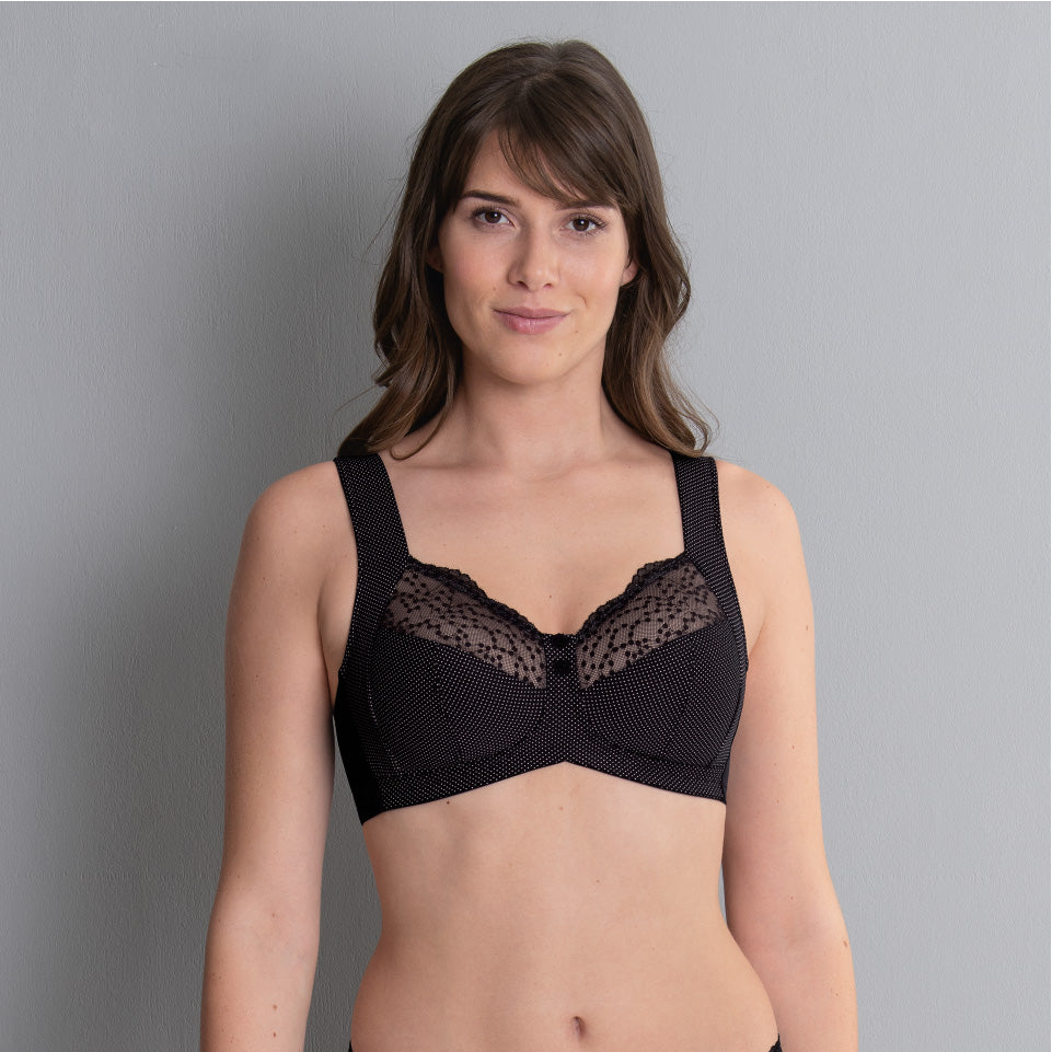 Black lace bra orely support with dotted pattern and supportive design for comfortable everyday wear