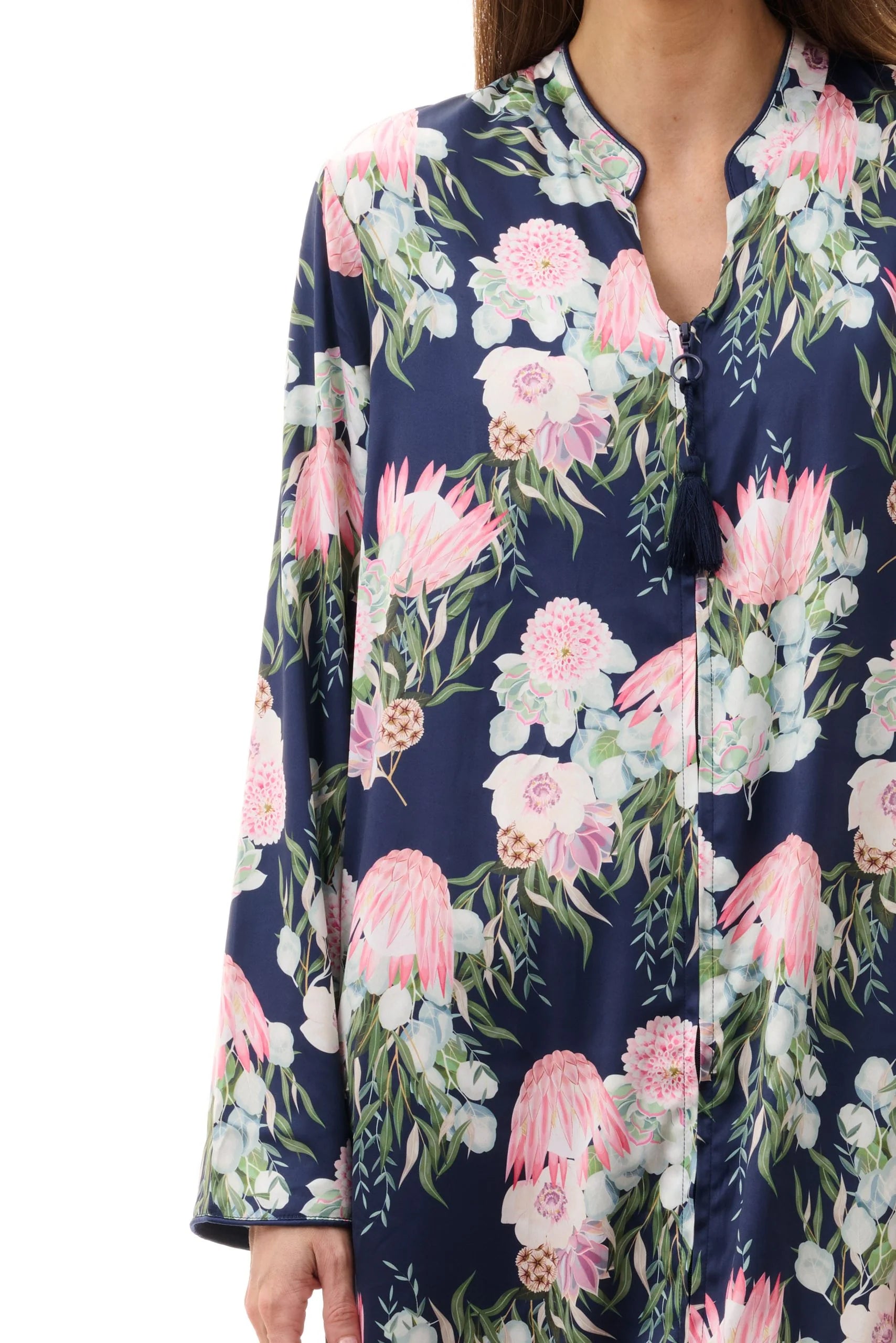 Navy blue Nicki Long Kaftan with Zip blouse in vibrant pink, white, green floral pattern
